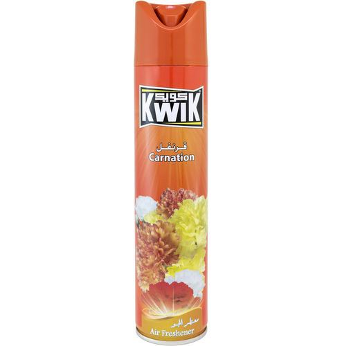 Al Sharhan Industries - KWIK Carnation A/F 300 ml - KWIK AIR FRESHNER 
Special mixture of KWIK leaves a fresh and cool pleasant fragrance in the air (available in other unique fragrances) 
Kwik Air Freshener add a beautiful scent to any room in your home 
FEATURES:
Leaves your home smelling fresh and clean.
Freshens the air and smoothens the life
Brings an instant burst of freshness in any room of your home. 
DIRECTIONS:
Hold can upright, press button and spray toward center of room.