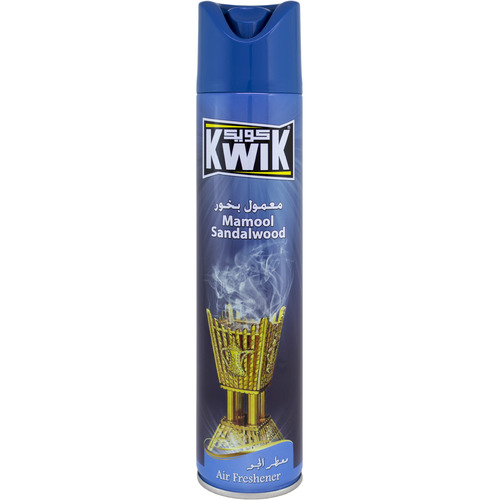 Al Sharhan Industries - KWIK Mamool Sandal A/F 300 ml - KWIK AIR FRESHNER 
Special mixture of KWIK leaves a fresh and cool pleasant fragrance in the air (available in other unique fragrances) 
Kwik Air Freshener add a beautiful scent to any room in your home 
FEATURES:
Leaves your home smelling fresh and clean.
Freshens the air and smoothens the life
Brings an instant burst of freshness in any room of your home. 
DIRECTIONS:
Hold can upright, press button and spray toward center of room.