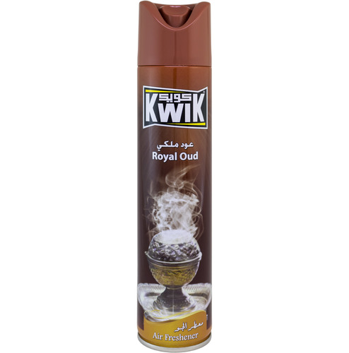 Al Sharhan Industries - KWIK Royal Oud A/F 300 ml - KWIK AIR FRESHNER 
Special mixture of KWIK leaves a fresh and cool pleasant fragrance in the air (available in other unique fragrances) Kwik Air Freshener add a beautiful scent to any room in your home 
FEATURES:
Leaves your home smelling fresh and clean.
Freshens the air and smoothens the life
Brings an instant burst of freshness in any room of your home. 
DIRECTIONS:
Hold can upright, press button and spray toward center of room.