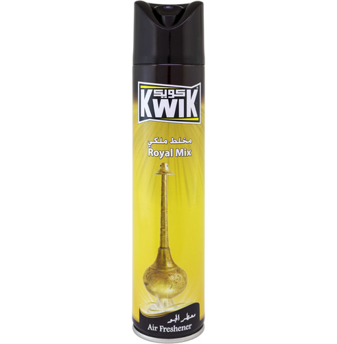 KWIK Royal Mix A/F 300 ml - KWIK AIR FRESHNER 
Special mixture of KWIK leaves a fresh and cool pleasant fragrance in the air (available in other unique fragrances) 
Kwik Air Freshener add a beautiful scent to any room in your home 
FEATURES:
Leaves your home smelling fresh and clean.
Freshens the air and smoothens the life
Brings an instant burst of freshness in any room of your home. 
DIRECTIONS:
Hold can upright, press button and spray toward center of room.