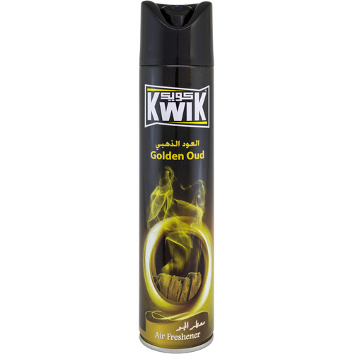 Al Sharhan Industries - KWIK Golden Oud A/F 300 ml - KWIK AIR FRESHNER 
Special mixture of KWIK leaves a fresh and cool pleasant fragrance in the air (available in other unique fragrances) 
Kwik Air Freshener add a beautiful scent to any room in your home 
FEATURES:
Leaves your home smelling fresh and clean. Freshens the air and smoothens the life
Brings an instant burst of freshness in any room of your home. 
DIRECTIONS:
Hold can upright, press button and spray toward center of room.