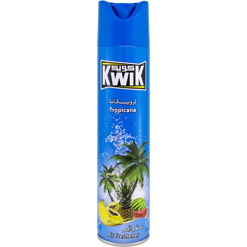 KWIK Tropicana A/F 300 ml - KWIK AIR FRESHNER 
Special mixture of KWIK leaves a fresh and cool pleasant fragrance in the air (available in other unique fragrances) 
Kwik Air Freshener add a beautiful scent to any room in your home 
FEATURES:
Leaves your home smelling fresh and clean.
Freshens the air and smoothens the life
Brings an instant burst of freshness in any room of your home. 
DIRECTIONS:
Hold can upright, press button and spray toward center of room.