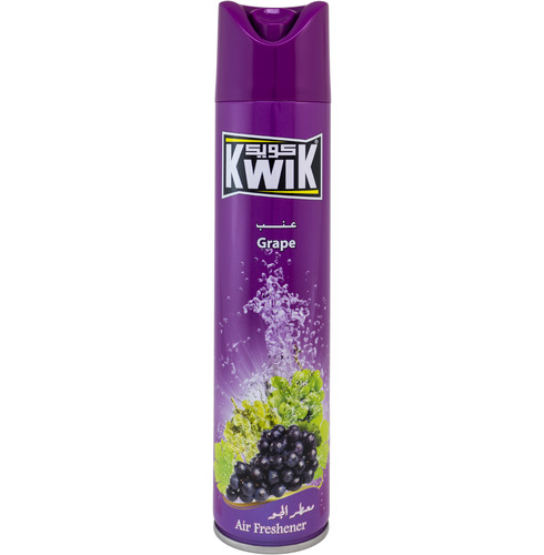 KWIK Grape A/F 300 ml - KWIK AIR FRESHNER 
Special mixture of KWIK leaves a fresh and cool pleasant fragrance in the air (available in other unique fragrances) 
Kwik Air Freshener add a beautiful scent to any room in your home 
FEATURES:
Leaves your home smelling fresh and clean.
Freshens the air and smoothens the life Brings an instant burst of freshness in any room of your home. 
DIRECTIONS:
Hold can upright, press button and spray toward center of room.