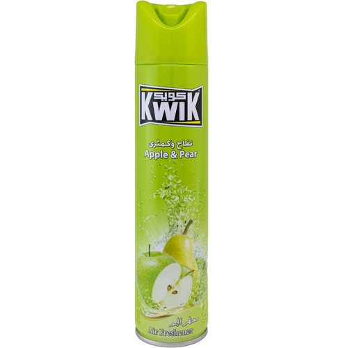 KWIK Apple & Pear A/F 300 ml - KWIK AIR FRESHNER 
Special mixture of KWIK leaves a fresh and cool pleasant fragrance in the air (available in other unique fragrances) 
Kwik Air Freshener add a beautiful scent to any room in your home 
FEATURES:
Leaves your home smelling fresh and clean.
Freshens the air and smoothens the life
Brings an instant burst of freshness in any room of your home. 
DIRECTIONS:
Hold can upright, press button and spray toward center of room.