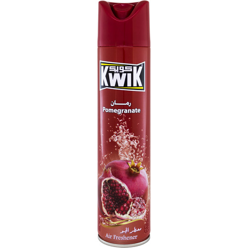 KWIK Pomegranate A/F 300 ml - KWIK AIR FRESHNER 
Special mixture of KWIK leaves a fresh and cool pleasant fragrance in the air (available in other unique fragrances) Kwik Air Freshener add a beautiful scent to any room in your home 
FEATURES:
Leaves your home smelling fresh and clean. Freshens the air and smoothens the life
Brings an instant burst of freshness in any room of your home. 
DIRECTIONS:
Hold can upright, press button and spray toward center of room.