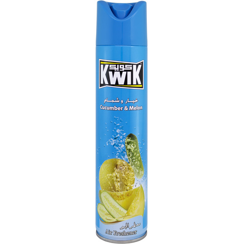 KWIK Cucumber & Melon A/F 300 ml - KWIK AIR FRESHNER 

    Special mixture of KWIK leaves a fresh and cool pleasant fragrance in the
  air (available in other unique fragrances) 
Kwik Air Freshener add a beautiful scent to any room in your home 

    FEATURES:
Leaves your home smelling fresh and clean.
Freshens the air and smoothens the life 
Brings an instant burst of freshness in any room of your home. 

    DIRECTIONS:
Hold can upright, press button and spray toward center of room.