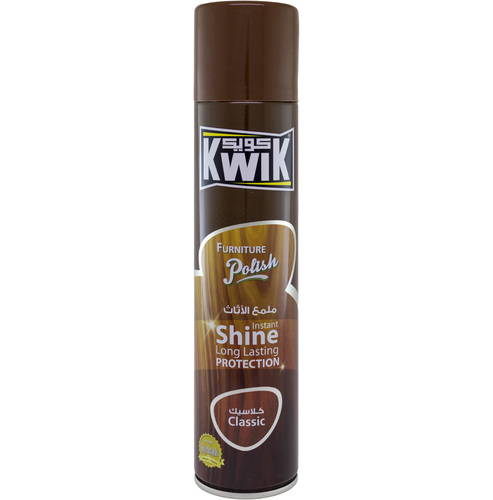 KWIK Shot Classic Furniture Polish 300 ml - KWIK FURNITURE POLISH  

    FEATURES (HIGHLIGHTS)
Contains finest wax for a gleaming shine and silicones for hard ware
  

    and lasting protection against smears and stains. 

    An ideal for all wood, leather, vinyl upholstery, plastics, mirrors,
  marble,

     ceramic & enamel. 

    DIRECTIONS:

     Hold can upright and spray at 15- 20
  cm from the surface to be polished.

     Wipe immediately with a soft clean
  cloth