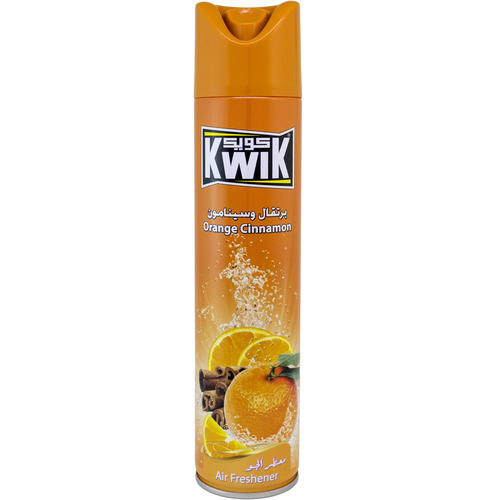 Al Sharhan Industries - KWIK Orange & Cinnamon A/F 300 ml - KWIK AIR FRESHNER 
Special mixture of KWIK leaves a fresh and cool pleasant fragrance in the air (available in other unique fragrances) 
Kwik Air Freshener add a beautiful scent to any room in your home 
FEATURES:
Leaves your home smelling fresh and clean.
Freshens the air and smoothens the life
Brings an instant burst of freshness in any room of your home. 
DIRECTIONS:
Hold can upright, press button and spray toward center of room.