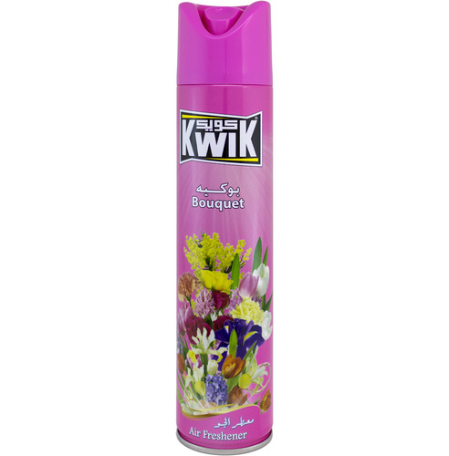 Al Sharhan Industries - KWIK Bouquet A/F 300 ml - KWIK AIR FRESHNER 
Special mixture of KWIK leaves a fresh and cool pleasant fragrance in the air (available in other unique fragrances) 
Kwik Air Freshener add a beautiful scent to any room in your home 
FEATURES:
Leaves your home smelling fresh and clean.
Freshens the air and smoothens the life
Brings an instant burst of freshness in any room of your home. 
DIRECTIONS:
Hold can upright, press button and spray toward center of room.