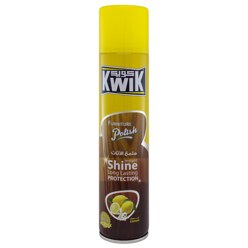 KWIK Shot Lemon Furniture Polish 300 ml - KWIK FURNITURE POLISH  

    FEATURES (HIGHLIGHTS)Contains finest wax for a gleaming shine and silicones for hard ware
  

    and lasting protection against smears and stains. 

    An ideal for all wood, leather, vinyl upholstery, plastics, mirrors,
  marble,

     ceramic & enamel. 

    DIRECTIONS:

     Hold can upright and spray at 15- 20
  cm from the surface to be polished.

     Wipe immediately with a soft clean
  cloth