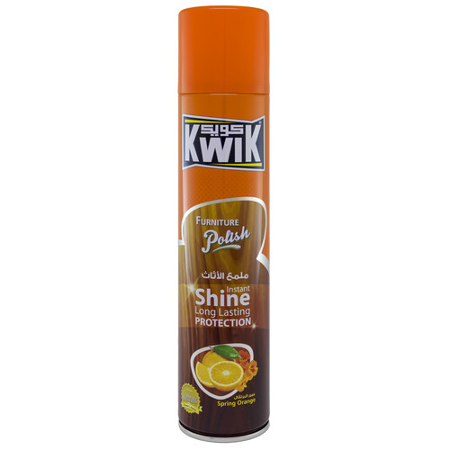 Al Sharhan Industries - KWIK Shot Spring Furniture Polish 300 ml - KWIK FURNITURE POLISH  

    FEATURES (HIGHLIGHTS)
Contains finest wax for a gleaming shine and silicones for hard ware
  

    and lasting protection against smears and stains. 

    An ideal for all wood, leather, vinyl upholstery, plastics, mirrors,
  marble,

     ceramic & enamel. 

    DIRECTIONS:

     Hold can upright and spray at 15- 20
  cm from the surface to be polished.

     Wipe immediately with a soft clean
  cloth