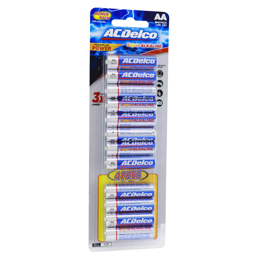 ACDelco Alkaline AA-12 promo Batteries 8+4 PCS Free - Lasts 3X longer than other batteries    Performs better than the competition in high-drain and super high-drain devices    Long shelf life; holds power and will not vent or leak when stored in a cool, dry place    Contains no mercury or cadmium; safe for the home and better for the environment