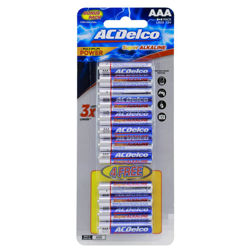 Al Sharhan Industries - ACDelco Alkaline AAA - 12 promo Batteries 8+4 pcs Free - Lasts 3X longer than other batteries    Performs better than the competition in high-drain and super high-drain devices    Long shelf life; holds power and will not vent or leak when stored in a cool, dry place    Contains no mercury or cadmium; safe for the home and better for the environment