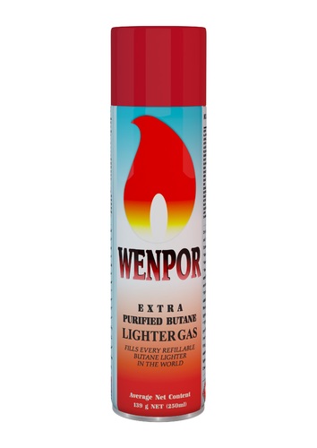 WENPOR Extra Purified Butane Lighter Gas Cylinder 250 ml - Wenpor Extra Purified Butane Lighter
Gas Cylinder 250 ml  Only to be used
for refilling butane lightersand butane powered domestic products.  Features:   Safety   High quality   Specifications:   Brand: Wenpor   













Size: 250 ml