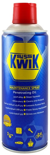 KWIK Maintenance Spray KW40 400 ml - Kwik Maint Spray KW40 400 ml
For use in the workshop,home,car,boat,garden,office..

Features:  

Frees & protects

Drives out water

Loosens rusted parts

Cleans & protects

Lubricates  

Directions:  

 Spray on area to be treated,do not wipe off.Solvent evaporates leaving
a protective film.  

Specifications:  

Brand: Kwik

 Capacity: 400 ml  

Made In Kuwait