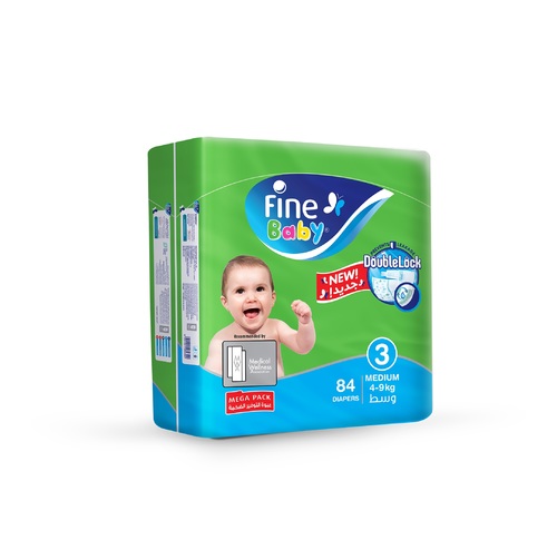 Fine Baby Diapers, Double Lock Technology, Stage 3, Medium 4–9kg, Pack of 84 diapers - The only diapers in the world recommended by the Medical Wellness Association
Enriched with Chamomile lotion to protect your baby’s skin
Fast Sorption layer for dry and healthy skin
Smart Lock technology to keep your baby dry and comfort via: o Stretchy Sides: Provide comfort with every move o Cottony Soft diapers that feel gentle and soft on your baby’s skin o Breathable Back Sheet: helps your baby’s skin breathe by allowing air to flow in and out o Large Green Layer: quickly absorbs & spreads fluids evenly across the diaper o Leak Barriers: gentle leg cuffs that prevent leakage o Super Absorbent Gel Core: locks fluids away from your baby’s skin