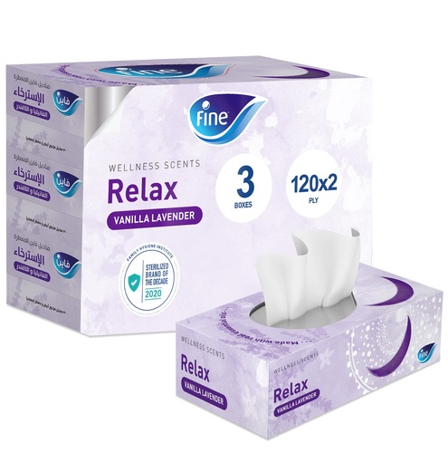 Al Sharhan Industries - Wellness Scents Relax, Vanilla Lavender, 120X2 Ply Facial Tissues, Pack of 3 - World’s only tissue to be Certified by Family Hygiene Institute Infused with a special touch of real cotton Sterilized through a patented Steripro process Made with real essential oils derived from plants Infused with lavender and vanilla essential oils to help you relax/sleep better