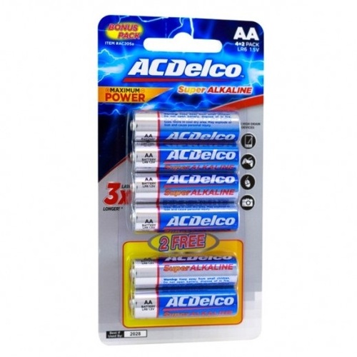 AC DELCO ALKALINE AA-6 PROM BATTERIES 4+2 FREE - Lasts 3X longer than other batteries    Performs better than the competition in high-drain and super high-drain devices    Long shelf life; holds power and will not vent or leak when stored in a cool, dry place    Contains no mercury or cadmium; safe for the home and better for the environment