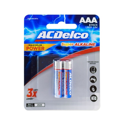 AC DELCO ALKALINE AAA BATTERIES 2 pcs - Lasts 3X longer than other batteries    Performs better than the competition in high-drain and super high-drain devices    Long shelf life; holds power and will not vent or leak when stored in a cool, dry place    Contains no mercury or cadmium; safe for the home and better for the environment