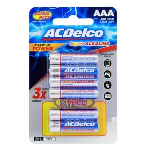 Al Sharhan Industries - AC DELCO ALKALINE AAA BATTERIES 4+2 FREE - Lasts 3X longer than other batteries    Performs better than the competition in high-drain and super high-drain devices    Long shelf life; holds power and will not vent or leak when stored in a cool, dry place    Contains no mercury or cadmium; safe for the home and better for the environment