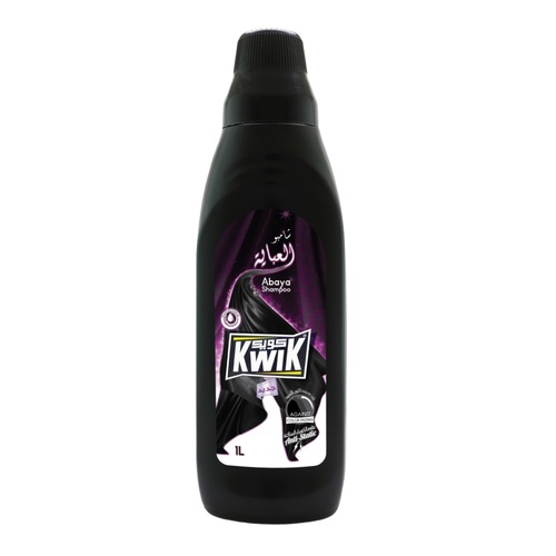 KWIK Abaya Shampoo 1 Ltr - KWIK Abaya Shampoo is an anti-static premium detergent that
maintains the original black color of abaya and clothes, provide
protection against early fading, and leaves a bright finish with a
special fragrance on fabric.