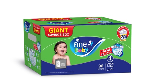 Al Sharhan Industries - Giant Savings box, Double Lock Technology , Stage 4,Large 7-14 Kg  96 Diapers - Smart Lock  Integrated System To Lock Wetness  Super Absorbent Gel Core Fluids away and helps keep
your baby is skin dry .  Large Green Layer Quickly absorbs Fluids away from
your baby is skin and spreads them evenly across the diaper.   







Leak Barriers Gentle Leg cuffs that Prevent leakage.