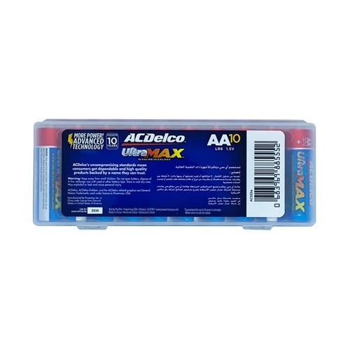 AC Delco ULTRA-MAX Alkaline  AA -10 Batteries - MORE POWER: ACDelco UltraMAX alkaline batteries deliver long lasting maximum power that is consistent and reliable 10-YEAR SHELF LIFE: ACDelco UltraMAX alkaline batteries are built to last with an impressive ten-year shelf life ENVIRONMENTAL IMPACT: Our 1.5-volt alkline batteries contain no mercury or cadmium, making them a smart choice for your family and for the environment