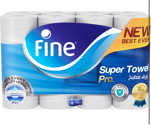 Fine Super Towel Pro 60 Sheets 3 Ply 8 Rolls - New Best Ever: Fine Super Towel Pro Kitchen Towel with its best technology, 3 Ply for the highest level of absorbency and strength  45% More Absorbent: The 1st ply absorbs, the 2nd ply soaks, and the 3rd ply removes the residue, leading to a clean, dry, and mess-free surface  50% Stronger: The new 3 layered technology provides 50% more wet strength  Sterilized for Germ Protection: Endorsed by the “Family Hygiene Institute” as the Sterilized Brand of the Decade 2020, using Steripro Technology for germ protection.  Safe Around Food: Certified by ISEGA German Institute for Food Safety   Half Perforated & Multi-Purpose: Half perforated kitchen towel to increase its value by selecting the size you need while tackling any mess around the house with efficiency