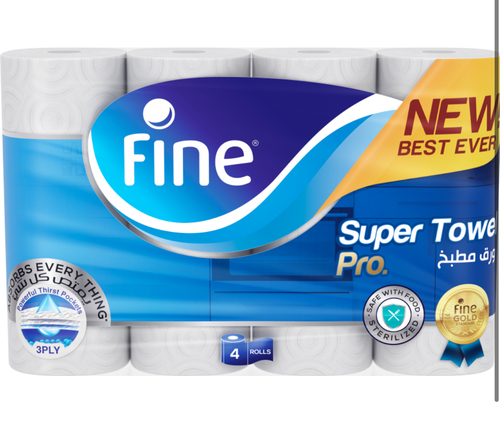 Al Sharhan Industries - Fine Super Towel Pro 60 Sheets 3 Ply 4 Rolls - New Best Ever: Fine Super Towel Pro Kitchen Towel with its best technology, 3 Ply for the highest level of absorbency and strength  45% More Absorbent: The 1st ply absorbs, the 2nd ply soaks, and the 3rd ply removes the residue, leading to a clean, dry, and mess-free surface  50% Stronger: The new 3 layered technology provides 50% more wet strength  Sterilized for Germ Protection: Endorsed by the “Family Hygiene Institute” as the Sterilized Brand of the Decade 2020, using Steripro Technology for germ protection.  Safe Around Food: Certified by ISEGA German Institute for Food Safety   Half Perforated & Multi-Purpose: Half perforated kitchen towel to increase its value by selecting the size you need while tackling any mess around the house with efficiency