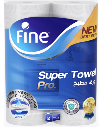 Al Sharhan Industries - Fine Super Towel Pro 60 Sheets 3 Ply 2 Rolls - New Best Ever: Fine Super Towel Pro Kitchen Towel with its best technology, 3 Ply for the highest level of absorbency and strength  45% More Absorbent: The 1st ply absorbs, the 2nd ply soaks, and the 3rd ply removes the residue, leading to a clean, dry, and mess-free surface  50% Stronger: The new 3 layered technology provides 50% more wet strength  Sterilized for Germ Protection: Endorsed by the “Family Hygiene Institute” as the Sterilized Brand of the Decade 2020, using Steripro Technology for germ protection.  Safe Around Food: Certified by ISEGA German Institute for Food Safety   Half Perforated & Multi-Purpose: Half perforated kitchen towel to increase its value by selecting the size you need while tackling any mess around the house with efficiency