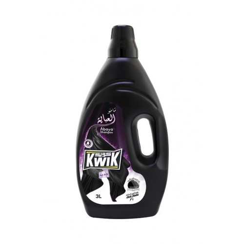 KWIK Abaya Shampoo 3 Ltr - KWIK Abaya Shampoo is an anti-static premium detergent that maintains the original black color of abaya and clothes, provideS protection against early fading, and leaves a bright finish with a special fragrance on the fabric.