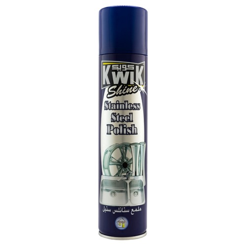 Al Sharhan Industries - KWIK Stainless Steel Polish 300 ml - KWIK SHINE STAINLESS STEEL POLISH 

    FEATURES (HIGHLIGHTS) Stainless steel clean and shine is specially formulated to clean and
  polish 

    all in one operation. 

    Use in the kitchen and all around the home on stainless steel surfaces and
  equipment,

     tiles, laminates, ceramics, glass,
  chrome and plastic surfaces. 

    DIRECTIONS:

    Spray the area to be cleaned. Wipe immediately with a soft clean cloth.