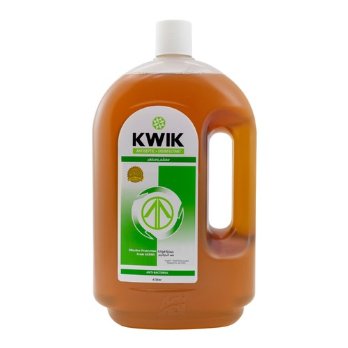 KWIK Antiseptic Disinfectant 4 Ltr - KWIK Antiseptic Disinfectant is Radial Walker coefficient 3 – ideal for medical use, treatment of cuts, bites, abrasions and insect stings, personal hygiene and household 
- it contains “Chloroxylenol (DCMX)” as recommended by the US-NEA against (COVID-19).
Registered in ministry of health- Kuwait