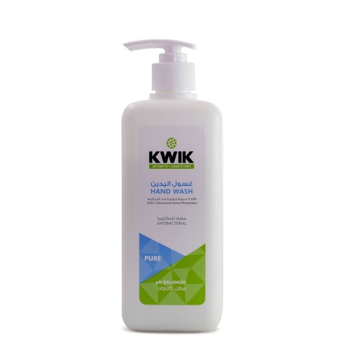 Al Sharhan Industries - KWIK HAND WASH ANTIBACTERIAL (PURE) 500 ml - Especially formulated for personal use to help keep you safe from disease causing micro organism such as bacteria and viruses. Exceptionally mild, the product allows you for frequent use leaving hands 99.9 % germ free refreshingly clean moisturized and pleasantly fragranced  - kills 99.9% of germs  - PH balanced formula   - accredited by the Kuwait ministry of Health (medically classified)