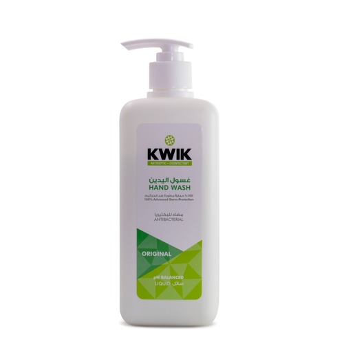 KWIK HAND WASH ANTIBACTERIAL (ORIGINAL) 500 ml - Especially formulated for personal use to help keep you safe from disease causing micro organism such as bacteria and viruses exceptionally mild the product allows for frequent use leaving hands 99.9 % germ free refreshingly clean moisturized and pleasantly fragranced  - kills 99.9% of germs  - PH balanced formula   - accredited by the Kuwait ministry of Health (medically classified)