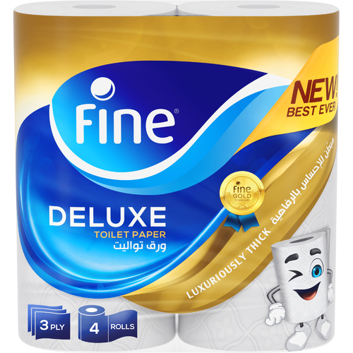 Fine Deluxe  Toilet Paper 140 Sheets 3 ply 4 Rolls - Fine Deluxe Toilet Paper is a 3 plies Toilet Paper with its NEW BEST EVER technology, giving you 60% more absorbency than the regular Toilet Paper.  Fine Deluxe Toilet Paper, Thicker Than Ever with its improved new quilt & 3Ply thickness provides you with the ultimate luxurious cushiony feather-like softness, leaving your skin dry & pampered.   Fine Deluxe Toilet Paper is sterilized using Steripro Technology for germ protection and completely flush-able yet keeps its strength while being used!