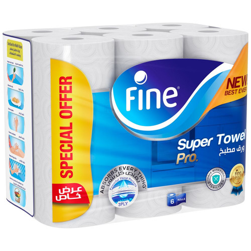 Al Sharhan Industries - Fine Super Towel Pro 60 Sheets 3 Ply 6 Rolls - With its embossed sheets and soft texture, Fine Kitchen Rolls guarantee high levels of absorbency and optimal comfort for all types of users in different household uses, the product's quality makes it the perfect addition to any Kitchen.  Size 6 roll