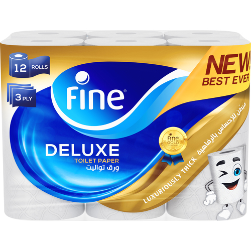 Fine Deluxe Toilet Paper 3 Ply 12Rolls - Fine Deluxe Toilet Paper is a 3
plies Toilet Paper with its NEW BEST EVER technology, giving you 60% more
absorbency than the regular Toilet Paper.  Fine Deluxe Toilet Paper, Thicker
Than Ever with its improved new quilt & 3Ply thickness provides you
with the ultimate luxurious cushiony feather-like softness, leaving your skin
dry & pampered.   



Fine Deluxe Toilet Paper is
sterilized using Steripro Technology for germ protection and completely
flush-able yet keeps its strength while being used!