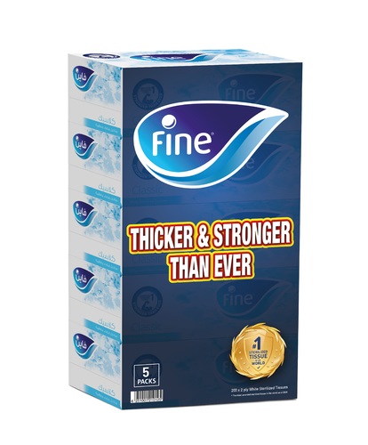 Al Sharhan Industries - Fine Classic Facial Tissues 200 X 2 PLY (5 pcs) - Soft and sterilized, no home is complete without Fine Classic, the symbol of authenticity, comfort and quality. Each fine tissue has gone through a specialized process, to ensure that only the cleanest and best quality product reaches your hand, every time