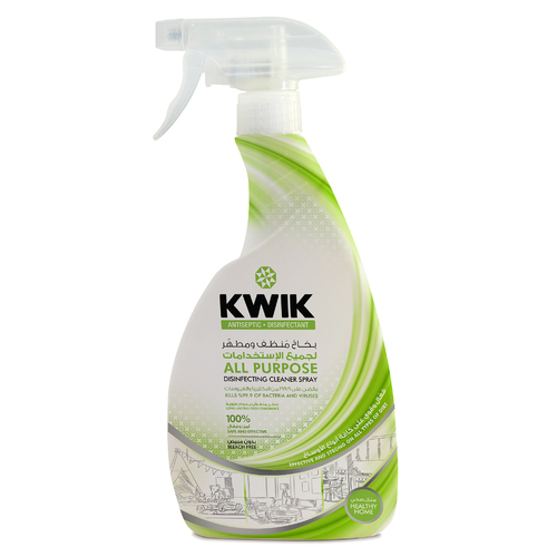 KWIK All Purpose Disinfecting Cleaner Spray 500 ml - Powerful
formula specially designed for superior cleaning action against all kind of
dirt and Kills 99.9% of germs such as disease-causing viruses and bacteria Brightens
surfaces and leaves a lasting fresh fragrance. Safe to be used for food
preparation areas, children's toys and around pats, as long as it is rinsed
well with water.   

Applications:
Usable on
wide range of indoor and outdoor hard non-porous surfaces. -Suitable for
floors, walls, most metal surfaces, glazed ceramic tiles, glazed porcelain,
sealed fiberglass, sealed marble, glass and vinyl. -Avoid using on aluminum and
unsealed wood