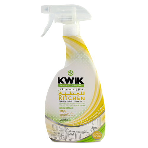 KWIK Kitchen Disinfecting Cleaner Spray 500 ml - Powerful
formula specially designed to remove grease and unwanted stains. Kills 99.9% of
germs such as disease-causing viruses and bacteria. Brightens surfaces and
leaves a lasting fresh fragrance.  

Applications: Countertops – tables –
stoves- ovens- refrigerators – doorknobs- tiles- cupboards – windows – floors
& sinks.