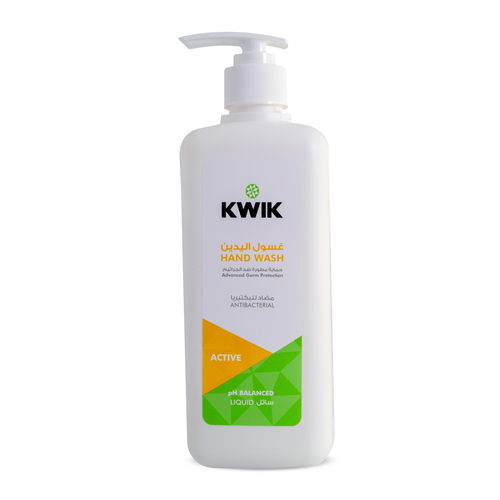 KWIK HAND WASH ANTIBACTERIAL (ACTIVE) 500 ml - Especially formulated for personal use to help keep you safe from disease causing micro organism such as bacteria and viruses. Exceptionally mild, the product allows you for frequent use leaving hands 99.9 % germ free refreshingly clean moisturized and pleasantly fragranced  - kills 99.9% of germs  - PH balanced formula   - accredited by the Kuwait ministry of Health (medically classified)