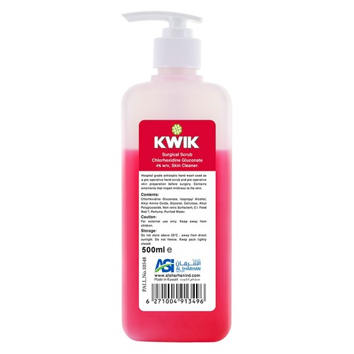 KWIK Surgical Scrub 500 ml - Product
  Description:
Hand and body sanitizer soap intended for medical use as it is effective
  on invisible microbes and germs and is recommended for use in hospitals
  before surgeries to cleanse the skin

    Product Features:
Sanitizer and contains hand emollients.
Contains: 4% chlorhexidine.

    How to use:
To be used on wet hands, put 3 compressions of the product (or 6
  ml).
Wash it for a minute with water.