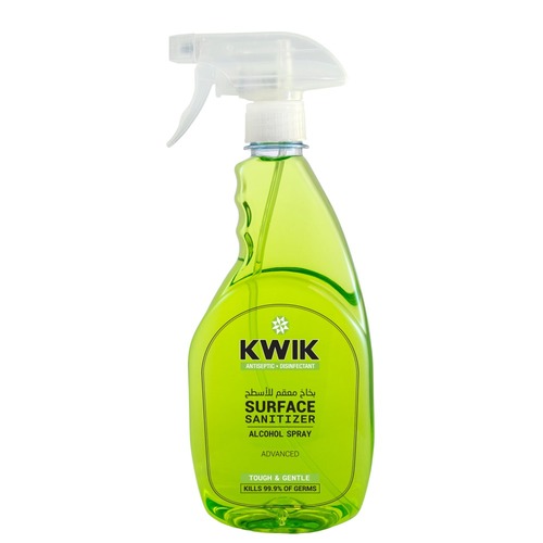 Al Sharhan Industries - KWIK Surface Sanitizer 500 ml - KWIK Surface Sanitizer Trigger

    KWIK Surface Sanitizer is an advanced sanitizer contains 70% of alcohol.
  
Effective against Corona Virus (COVID-19) and a wide range of
  disease-causing micro-organisms including bacteria, viruses and fungus.
Ideal to disinfect surfaces.
Ideal to disinfect fabrics and garments.
Ideal to disinfect personal accessories.