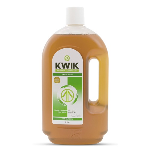 KWIK Antiseptic Disinfectant 2 Ltr - KWIK Antiseptic Disinfectant is Radial Walker coefficient 3 – ideal for medical use, treatment of cuts, bites, abrasions and insect stings, personal hygiene and household 
- it contains “Chloroxylenol (DCMX)” as recommended by the US-NEA against (COVID-19).
Registered in ministry of health- Kuwait