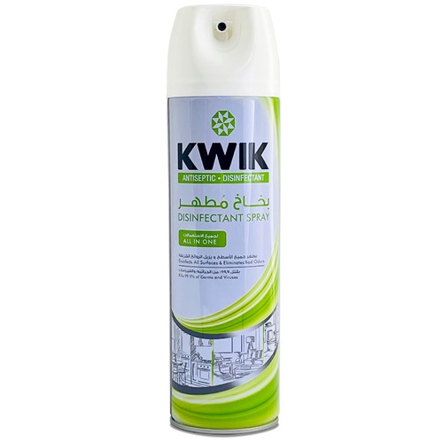 KWIK ALL IN ONE DISINFECTANT SPRAY - KWIK ALL IN ONE DISINFECTANT SPRAY     Disinfects and deodorizes most surfaces
with a 99.9% kill rate of germs that cause diseases and bad odor. Penetrates
through crevices of hard surfaces, sanitizes fabric and other soft surfaces,
while leaving a fresh fragrance.        APPLICATION: Common hard surfaces, e.g.: table tops, garbage cans, door handles,
kitchen tops, sinks, toys and fabric/ soft surfaces such as: seats, mattresses,
rugs, sofa, sport shoes, etc.  Avoid use on varnished/painted or polished
surfaces, rayon or acrylic material.