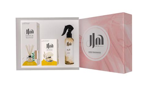 Al Sharhan Industries - Hala Home Fragrance Box - Create your own Hala Home Fragrances box with our unique collection of your choice:

• Hello Rashoush
• Hala Diffuser Freshener with Sticks
• Hala flower diffuser freshener