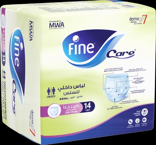 Al Sharhan Industries - Fine Care Adult Pull up X Large Diaper 14 Pcs - Provides thin comfort and follows the contours of the body Wetness indicator shows when it is time for changing The double leakage barriers provide high ConfioFit leakage security Fast liquid absorption and a highly absorbent core provide lasting dryness Breathable and gentle to the skin The Odor Neutralizer reduces the effect of ammonia odor Size: X Large Quantity: 14 pieces