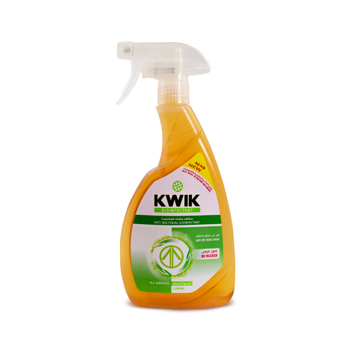 Kwik Anti-Bacterial Surface Disinfectant - - Surface
disinfectant kills 99.9% of bacteria and viruses.  -Safe to use on food preparation areas / Safe on food area.- Ready to use,
no diluting or mixing required.
- Multi-surface performance
- Long lasting refreshing Fragrance.  

    Practical
disinfectant for everyday uses. Eliminates disease-causing pathogens to help
preventing infections. Leaves surfaces hygienically clean and presents a fresh
pine scent. Fast acting and quick drying, suitable for use at homes, schools,
kitchens, shops, etc.