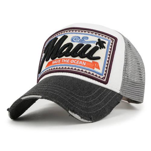 ililily Premium Maui Embroidery Patch Mesh Baseball Cap Distressed Trucker Hat Grey-Premium